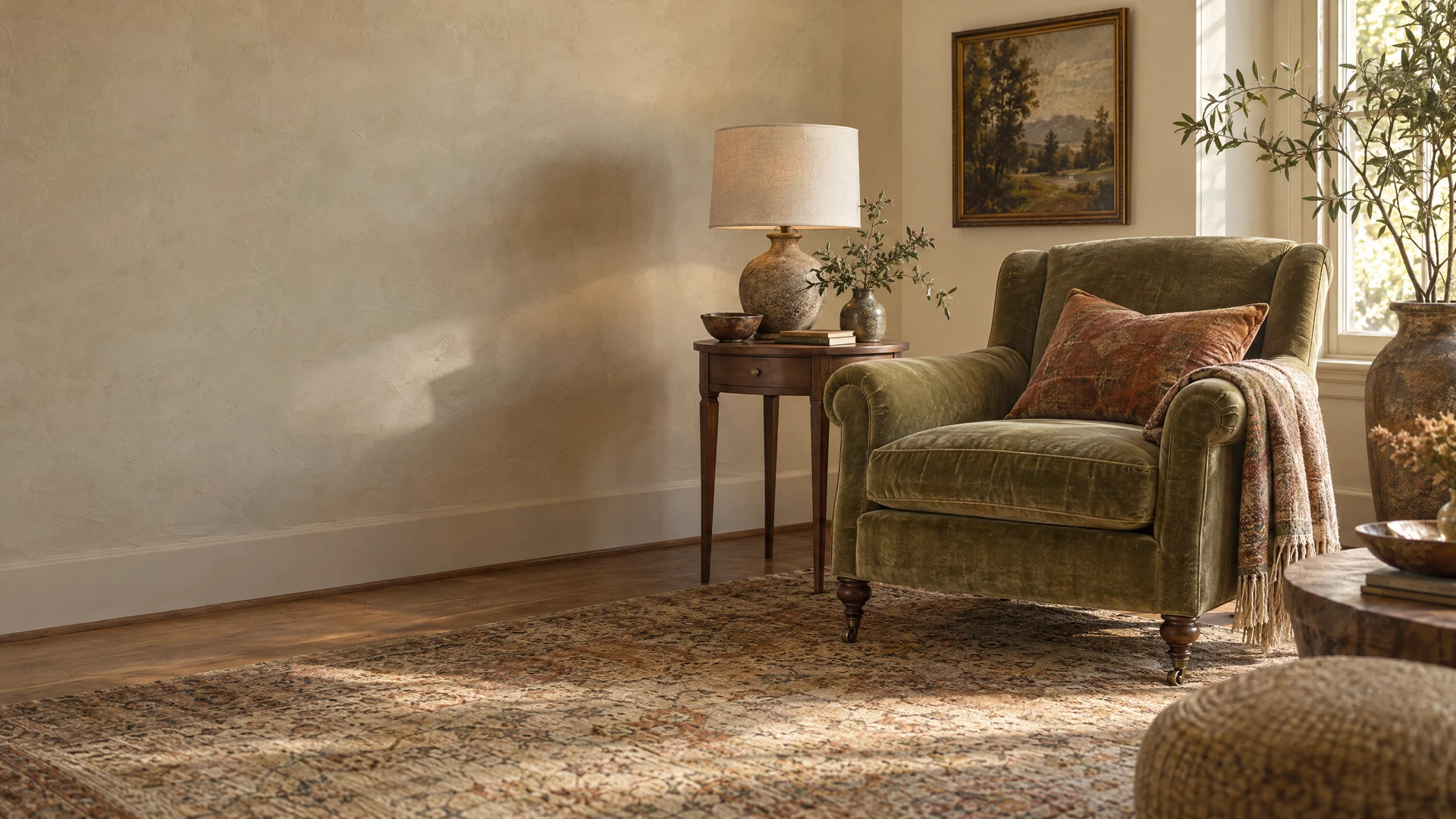 Illustrative vintage sitting room with collected home decor and warm natural light